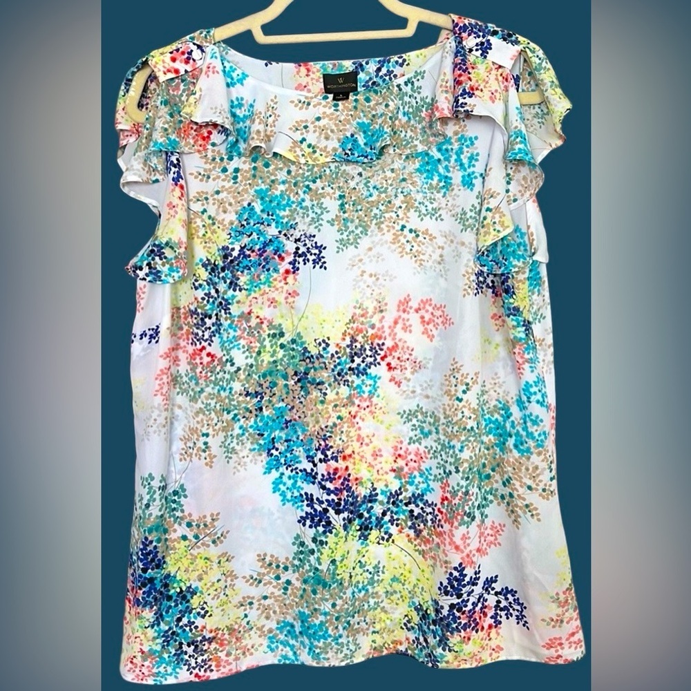WORTHINGTON Watercolor Dainty Floral Ruffle Detail Sleeveless Top,Sz Large,GUC.